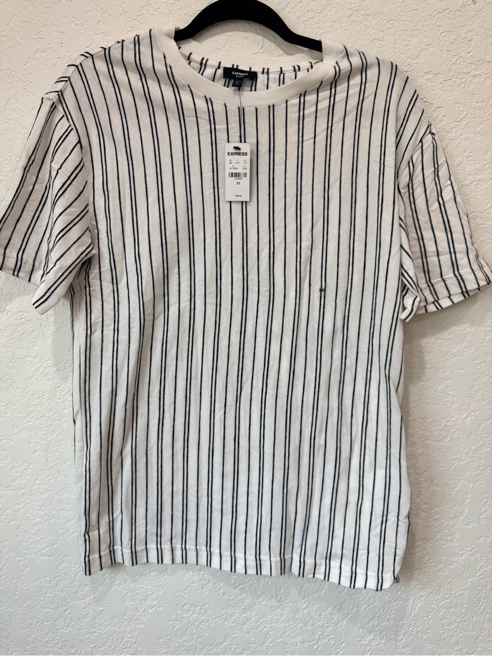 Express Men’s White Tee with Black Vertical Stripes